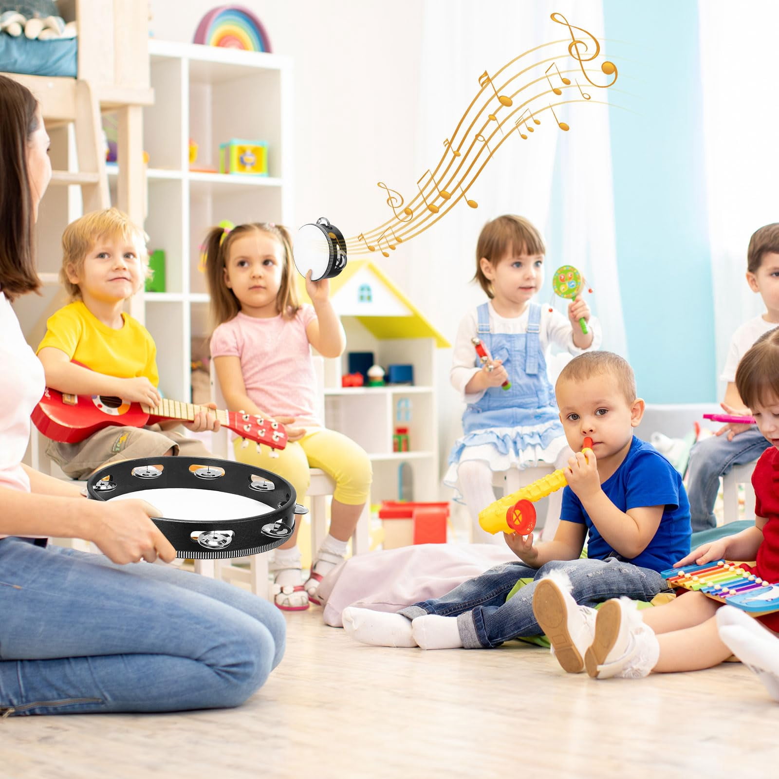 8 Pcs Tambourine For Adults Handheld Wood 4 Size Single Row Metal Jingles Musical Educational Gift Rhythm Percussion Instrument Church Party Ktv(black)