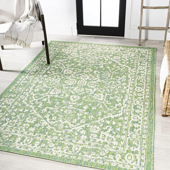 MORI SMB104F-8 Malta Bohemian Medallion Textured Weave Indoor Outdoor Area Rug, Coastal Traditional Transitional Easy Cleaning,Bedroom,Kitchen,Backyard,Patio,Non Shedding, 8 X 10, Cream/Green