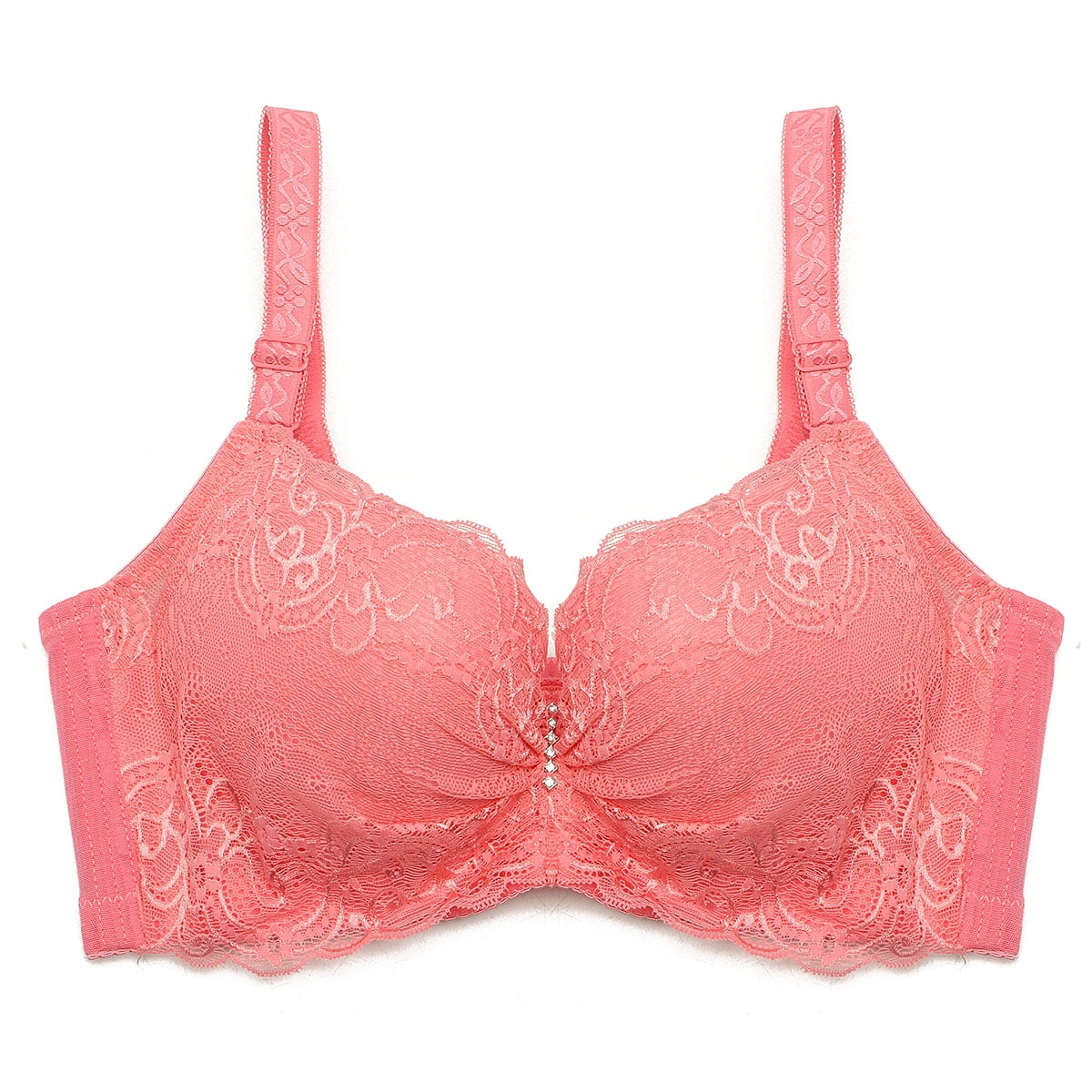 Plus Size Lace Push Up Bra - Wire Free, Wide Back, C Cup, Pink 36D
