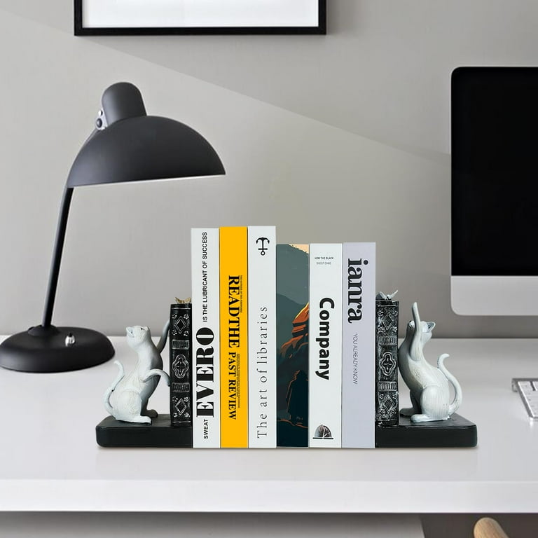 2 Piece Cat Bookends - Heavy Duty Metal Bookends For Shelves, Cute Cat Lover Gifts, Decorative Book Ends For Home Office, 4.7x3.5x7 Inches