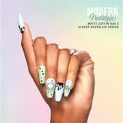 Salon Perfect Artificial Fake Press On Nails, 215 Modern Nostalgia, Blue Green UFO, Long Coffin, File, Glue, and Prep Pad Included, 30 Nails
