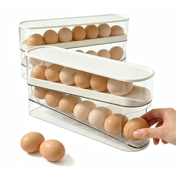 Auto Rolling Egg Dispenser for Refrigerator - 2 Pack Space Saving Egg Organizer with Lid for Countertop and Kitchen Storage