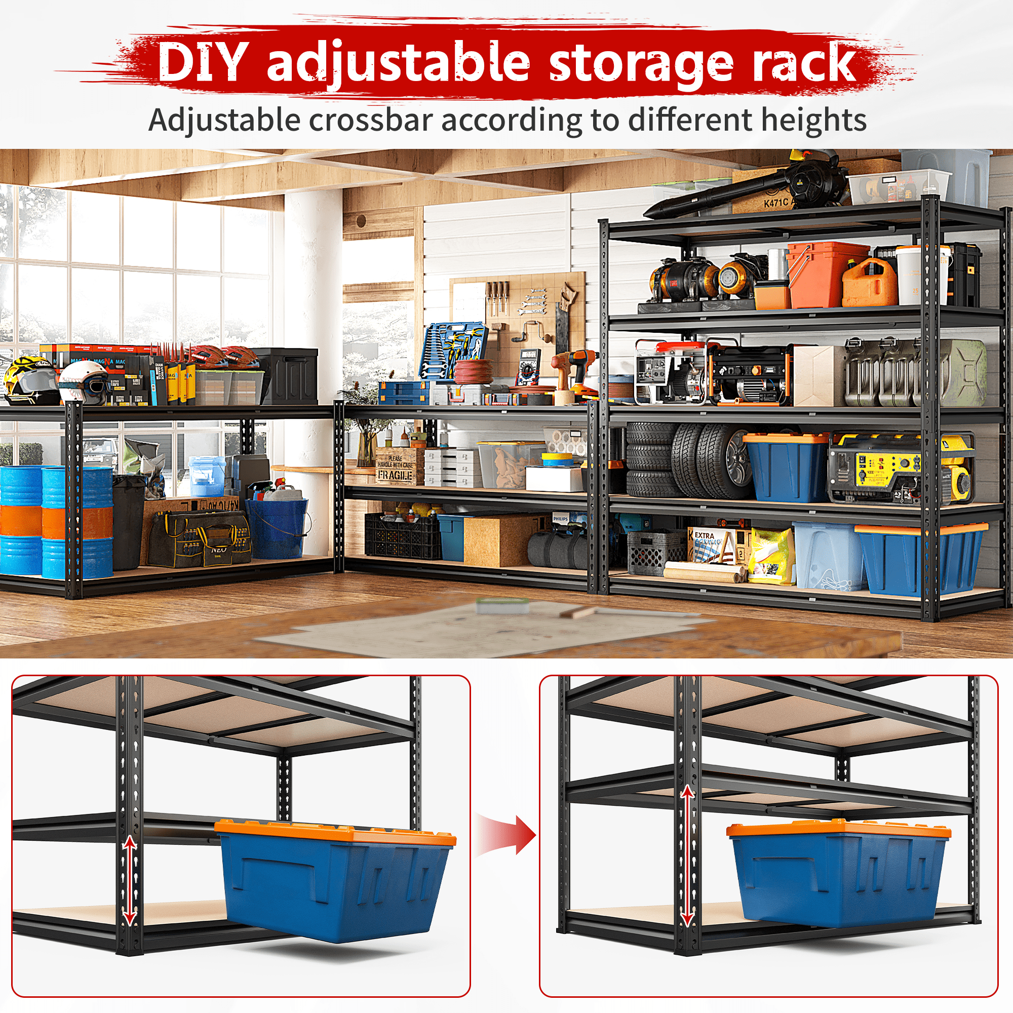 REIBII 48"W Heavy Duty Shelving 3000LBS Steel Shelving Adjustable Garage Storage Industrial Shelf,48"W x 24"D x 72"H
