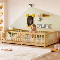Bellemave Full Size Floor Bed with Safety Guardrails, Solid Wood Montessori Floor Bed with Slats, Low-Profile Design with Bedroom Door Feature for Modern Spaces, Natural