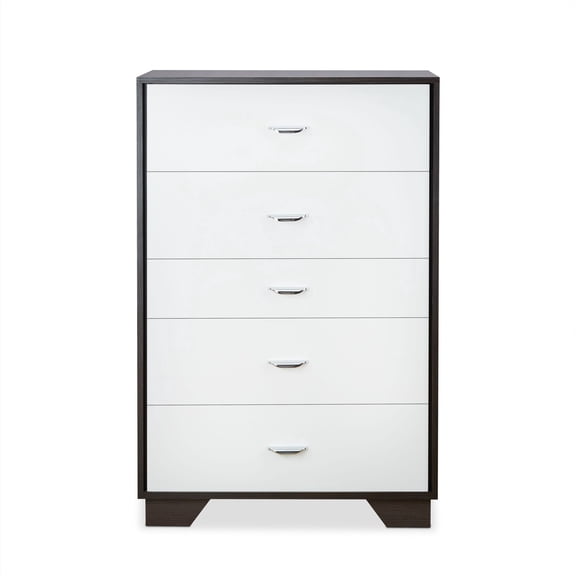 Chest in White and Espresso Finish with 5 Drawers, Storage Dresser Cabinet Organizer for Bedroom Living Room Closet, Modern Style