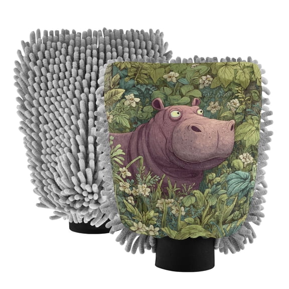 Microfiber Car Wash Gloves With Chenille & Polyester Terry Scratch-Free Cleaning Elastic Cuffs Hippopotamus in A Wildflower