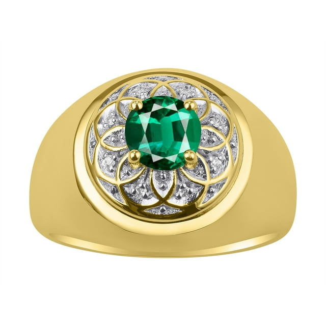 RYLOS Men's Rings 14K Yellow Gold Designer Gypsy 7MM Round Gemstone & Diamond Ring Emerald May Birthstone Rings Size 11