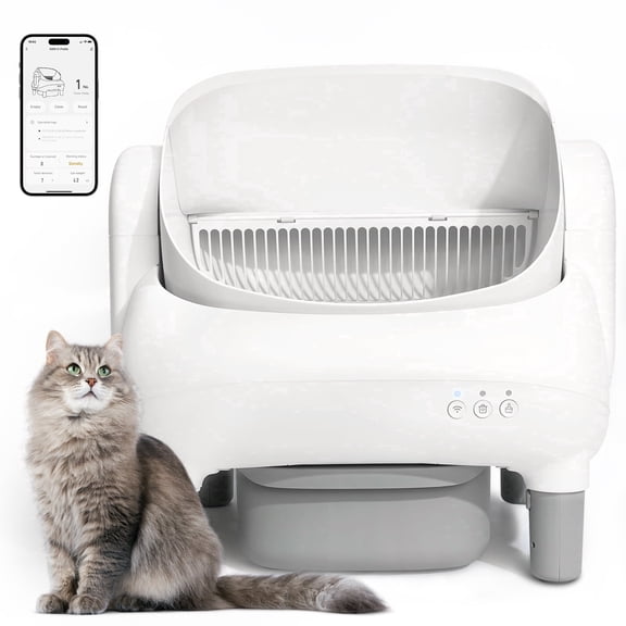 Self Cleaning Litter Box, 95 L Automatic Cat Litter Box Self Cleaning for Multiple Cats, with Safety Protection, App Control,1 Roll Garbage Bags,White
