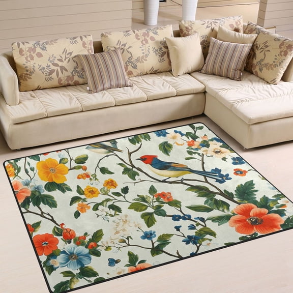 Yayeee Area Rugs for Living Room 6.7'x4.8' Indoor Non Slip Washable Bedroom Carpet, Green Floral Pattern