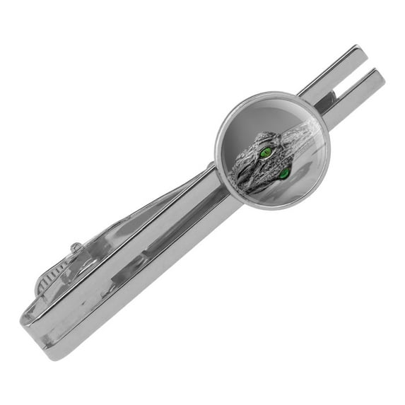Alligator Black and White Green Eyes Round Tie Bar Clip Clasp Tack Silver Color Plated