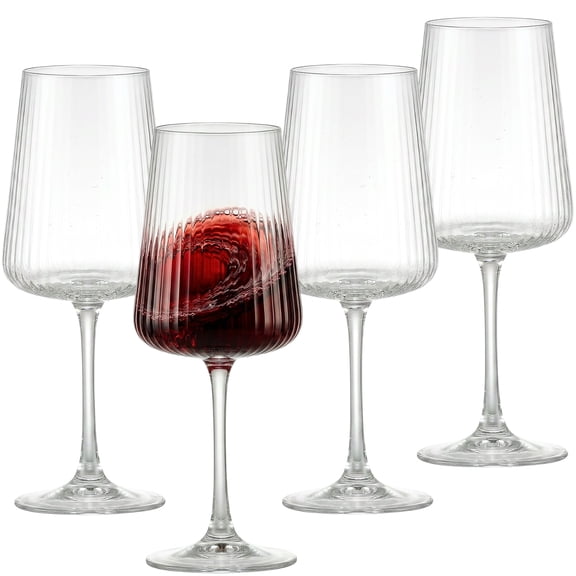 18oz Clear Ribbed Wine Glasses Set of 4, Vintage Crystal Wine Glasses with Long Stem & Thin Rim, Perfect for Weddings & Dinners