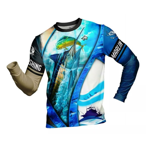 Playera Pesca Deportiva Hombre Manga Larga Pez Marlin Ikono