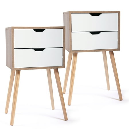 Pine End Table With Drawer Jaxpety Set of 2 Nightstand Bedside Table Sofa End Table Bedroom Decor 2 Drawers Storage,White ()