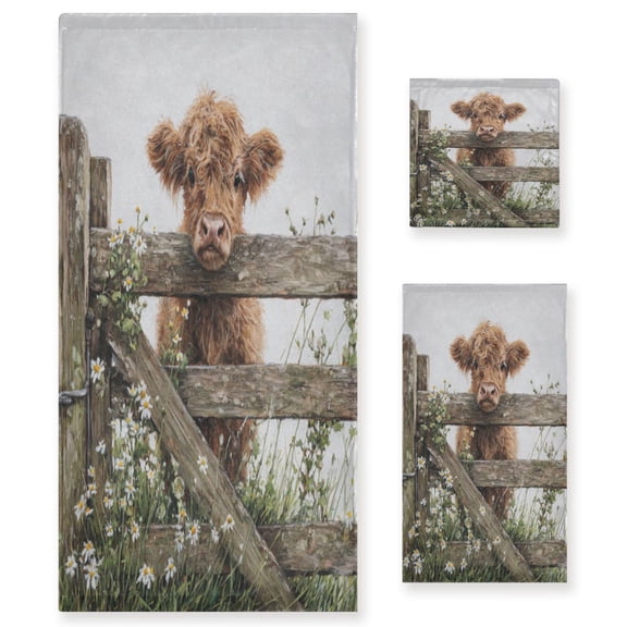 3 Piece Bath Towels Set Bath Towel, Hand Towel and Face Towel for Bathroom, Gym, Hotel Cute Highland Cow Peeking