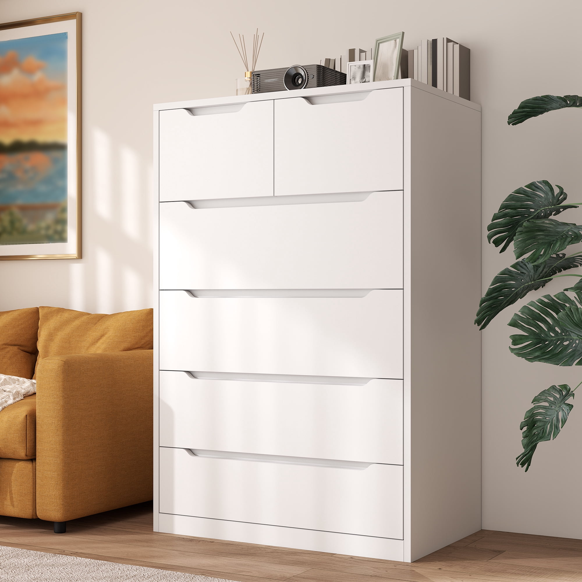 6 Drawer Dresser for Bedroom,Tall Dresser With Deep Drawers,White Wood Chest of Drawers for Bedroom,Hallway,Living Room,Smooth Metal Rail,Modern,43.2"H X 27.6"W X15.6"D