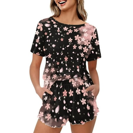 Yuyamidu Pink Cherry Blossom Women s Comfy Sleepwear Set Stretchy Short Sleeve Round Neck PJ Top & Lounge Shorts Two-Piece