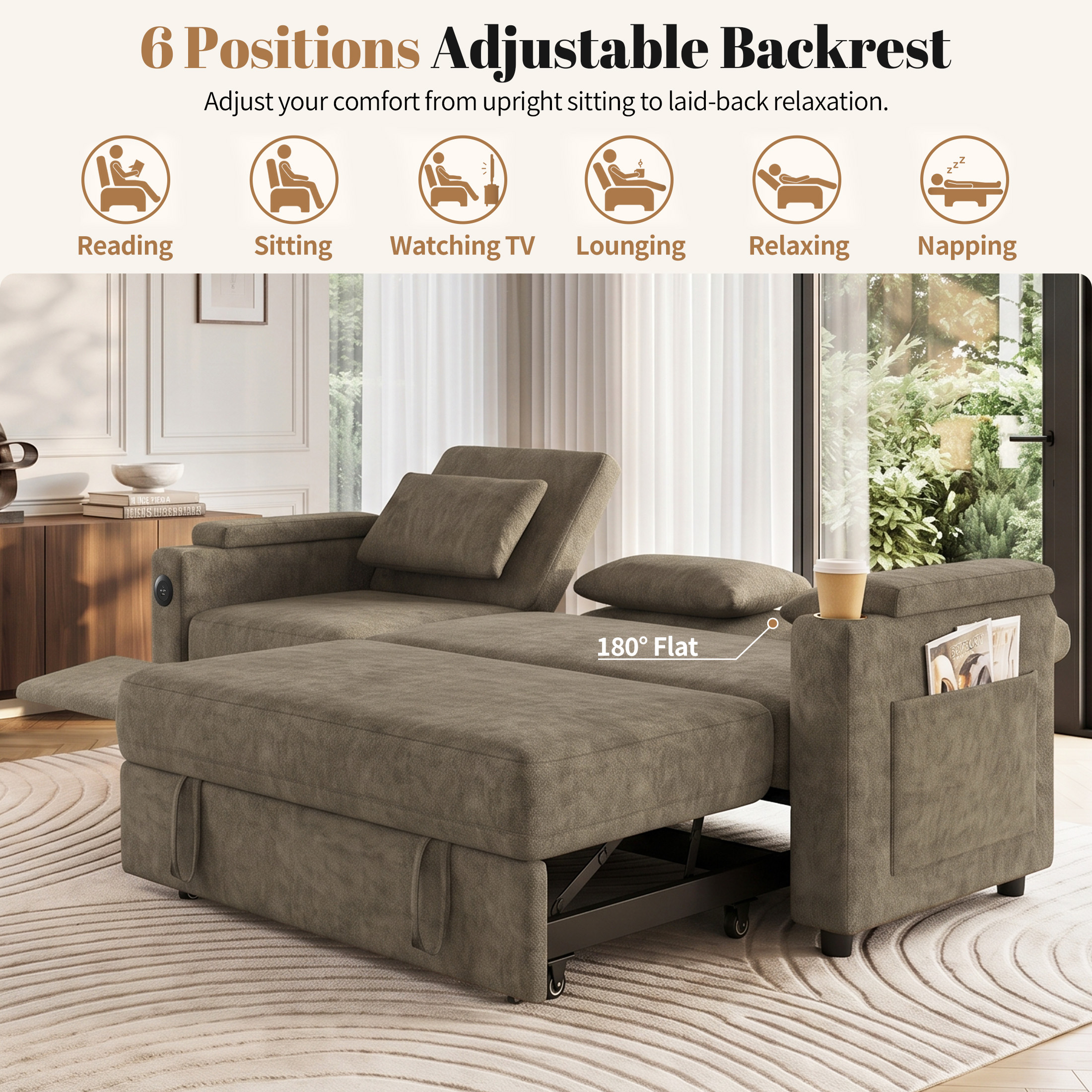 Aenkyo 81" 3-in-1 Convertible Sleeper Sofa with Pull Out Bed and Recliner, Adjustable Backrest, Khaki