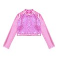 thumbnail image 3 of Eandarui Kids Girls Shiny Sequins Mock Neck Long Sleeve Tee Metallic Jazz Hip Hop Modern Dance Crop Pink 14, 3 of 5
