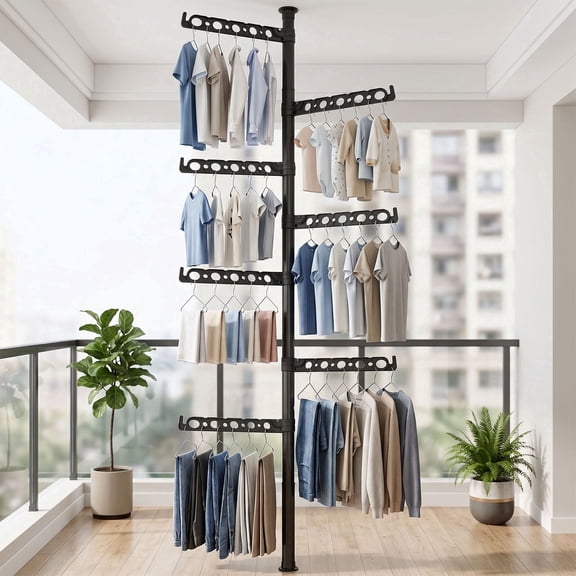 Coutex 7 Wings Floor-Standing Telescopic Clothes Drying Rack, No-Drill Adjustable 47.24-122.04in, Laundry Drying Rack Holds 35 Garments, Indoor Use, Black