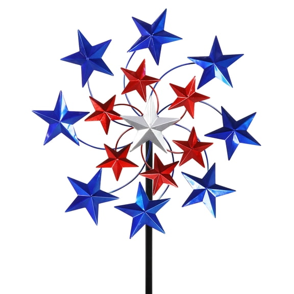 Exhart Patriotic Star Spangled Wind Spinner Garden Stake in Metallic Paint, 20 by 83 inches, Metal, Patriotic USA