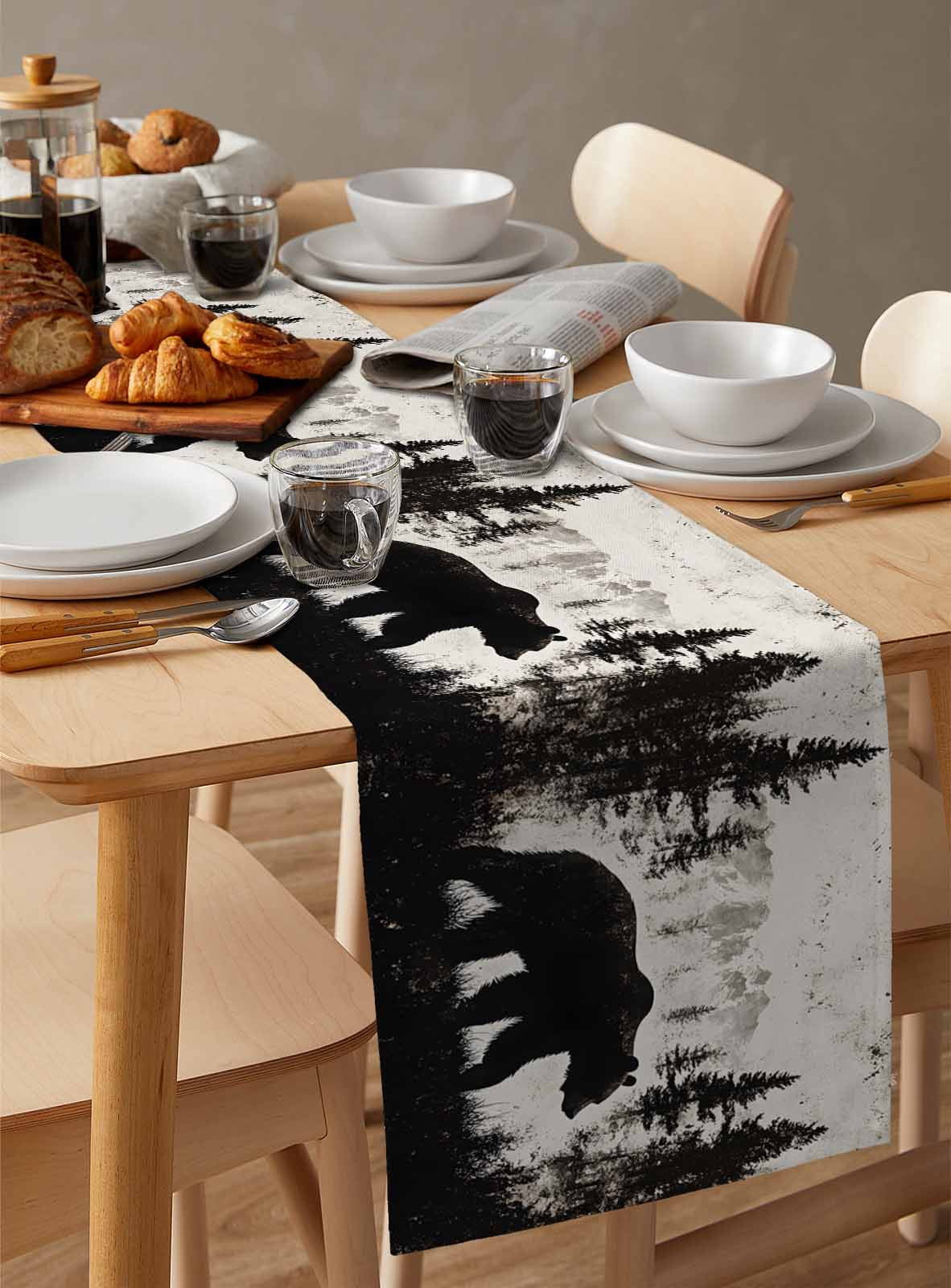 Rustic Bear Table Runner 48 Inches, Vintage Country Wildlife Forest Mountains Bed Runner Dresser Scarves Tabletop for Indoor Outdoor Parties/Ceremony/Banquet, 13" x 48"
