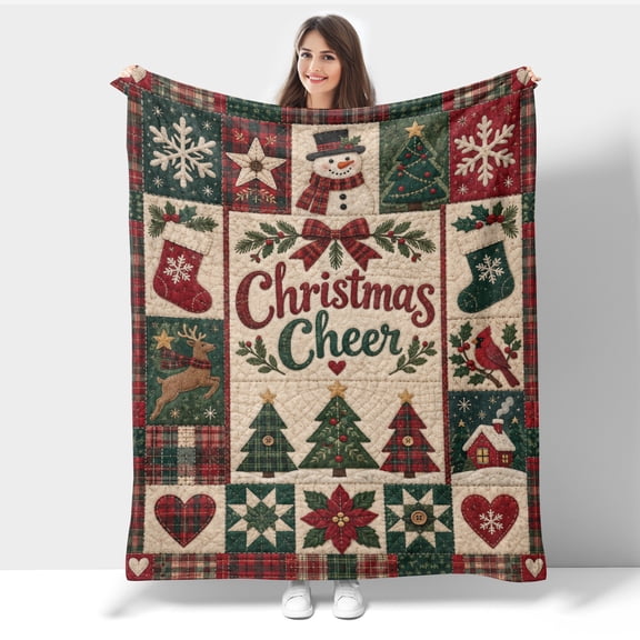 Patchwork Style Vintage Christmas Flannel Throw Blanket, Snowman Snowflake Reindeer Holiday Decor Blanket, Soft Cozy Xmas Gift Blanket 40X30IN