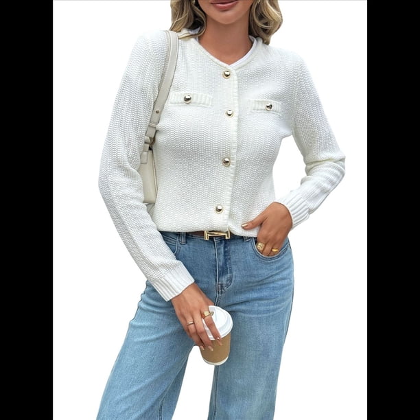 Suéteres Tipo Cárdigan de Punto para Mujer, de Principios de Otoño, de Larga, con Abertura Frontal y Botones, Chaqueta Corta Informal de Moda. L