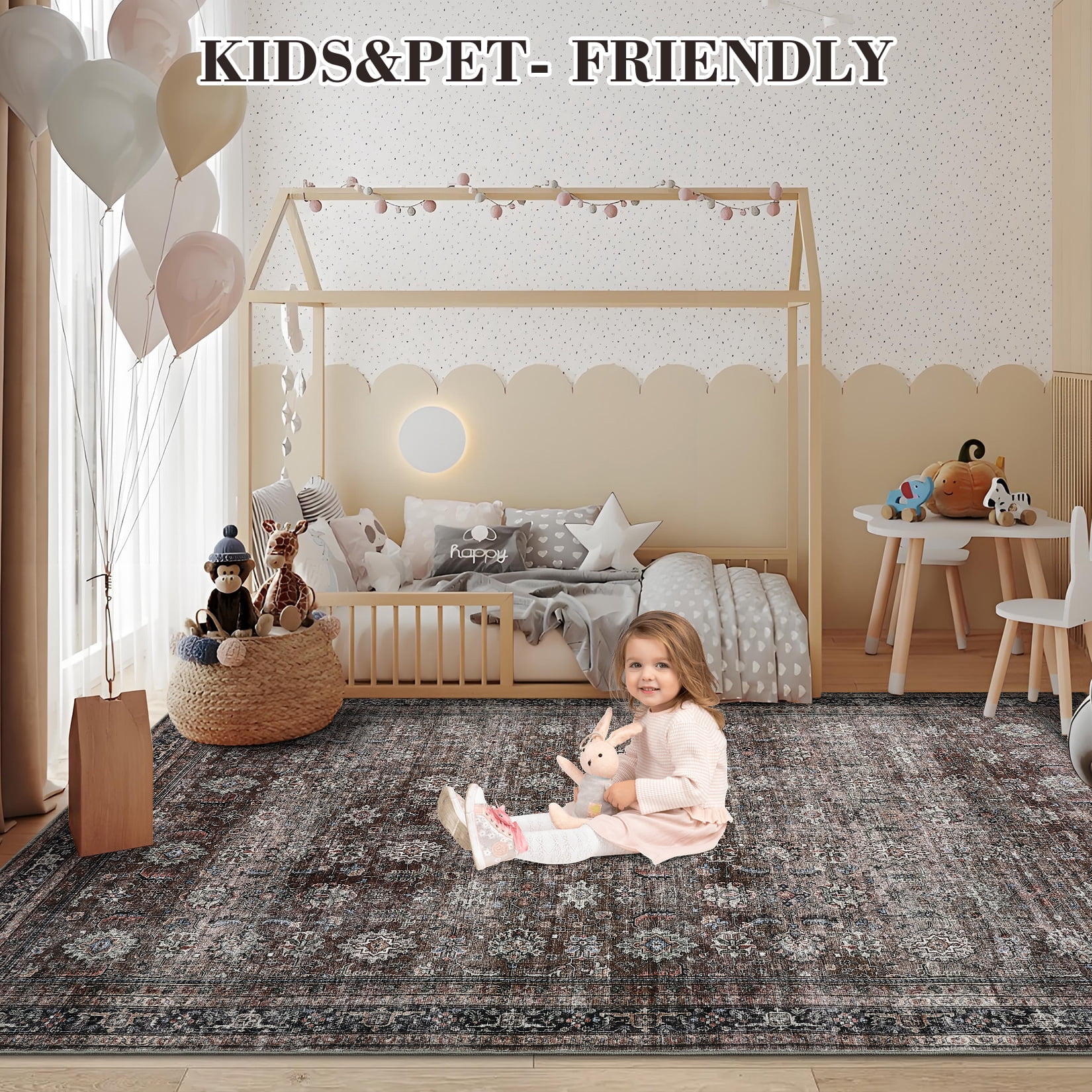 Haperlare 10x13 Vintage Printed Area Rugs Washable Accent Rugs, Non Slip Stain-Resistant Oriental Floor Carpet Farmhouse Low Pile Rugs for Living Room Bedroom Office, Brown
