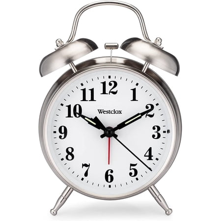 -Big Ben Twin Bell Alarm Clock | Loud for Heavy Sleepers Battery Operated Metal with Backlight Bedside Table Bedroom Kids Room Desk (Silver 4)