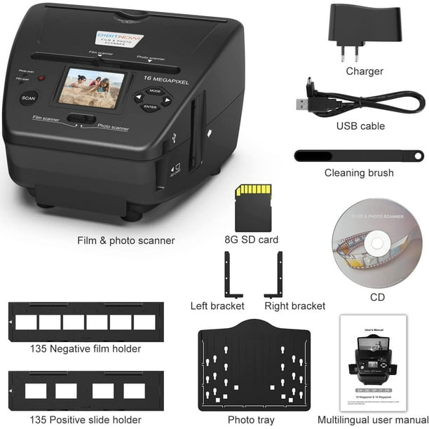 Film & Photo 4-in-1 Film Scanner, with 2.4" LCD Screen Converts 35mm/135 Slides & Negatives Film, Photo, Business Card for Saving to 16MP Digital Images, 8GB Memory Card Included