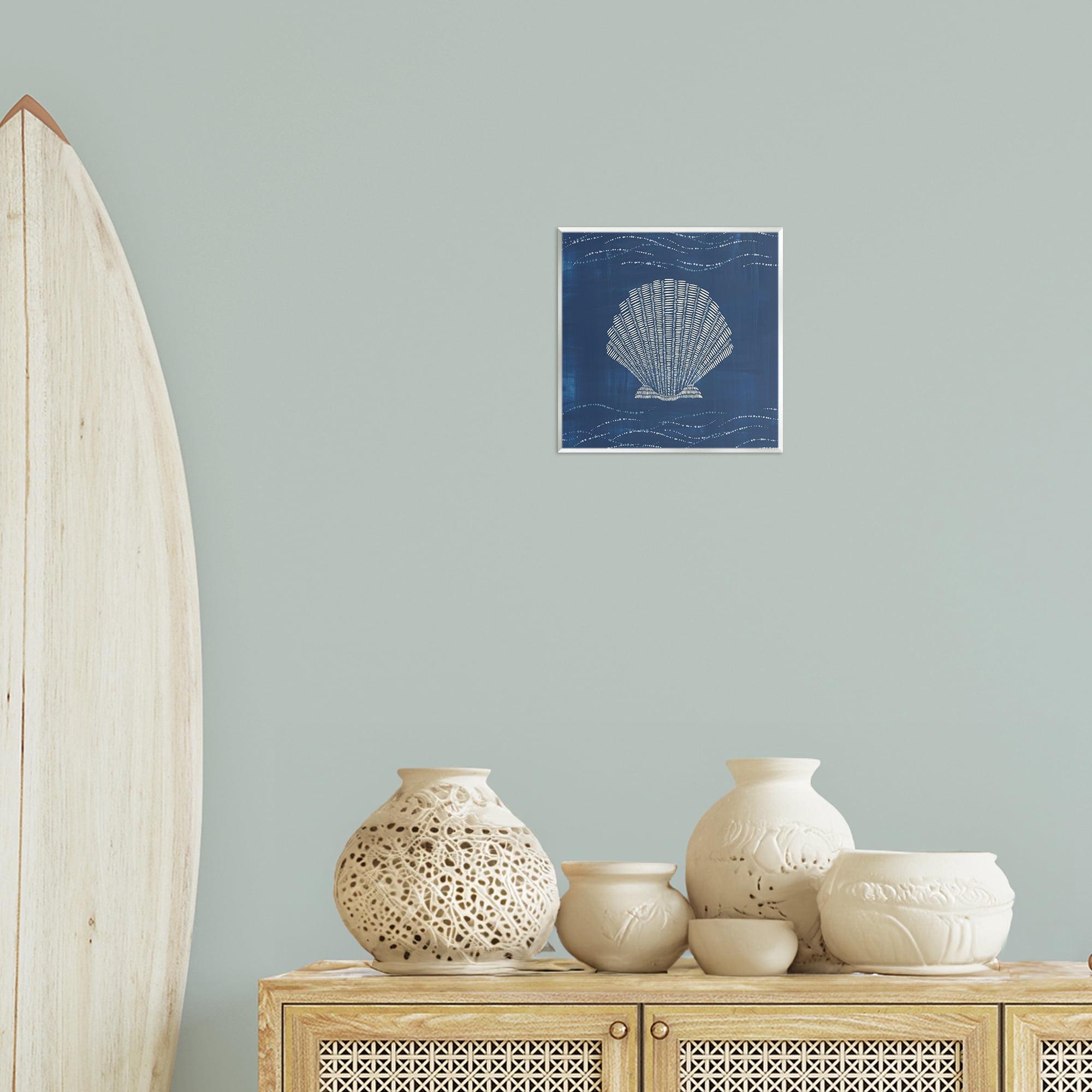 Stupell Industries Clam Shell on Blue Coastal Painting Unframed Art Print Wall Art, 12 x 12