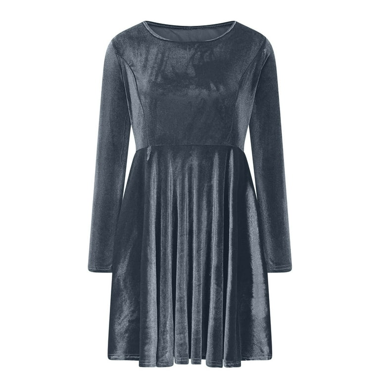 Women Dresses Fall Winter Dresses Long Sleeve Round Neck Casual Solid Color  Closed Temperament Flowy Pleated Dressy Bump Friendly Bodycon Dress Blue 