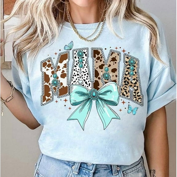 Western Mama T-Shirt, Cow Print Coquette Bow Tee, Fall Cowgirl Graphic Shirt, Trendy Turquoise Ranch Style Mama T-Shirt