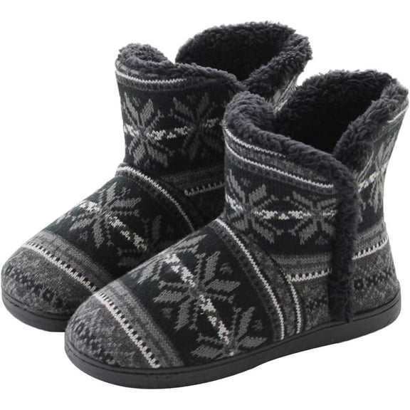 Unisex Knit Plush Slipper Boots Indoor Outdoor Thermal Ankle Bootie for Mens Women Foot Warmer Shoes Cotton Fleece Lining Winter Slipper Anti-Slip Sole Booties