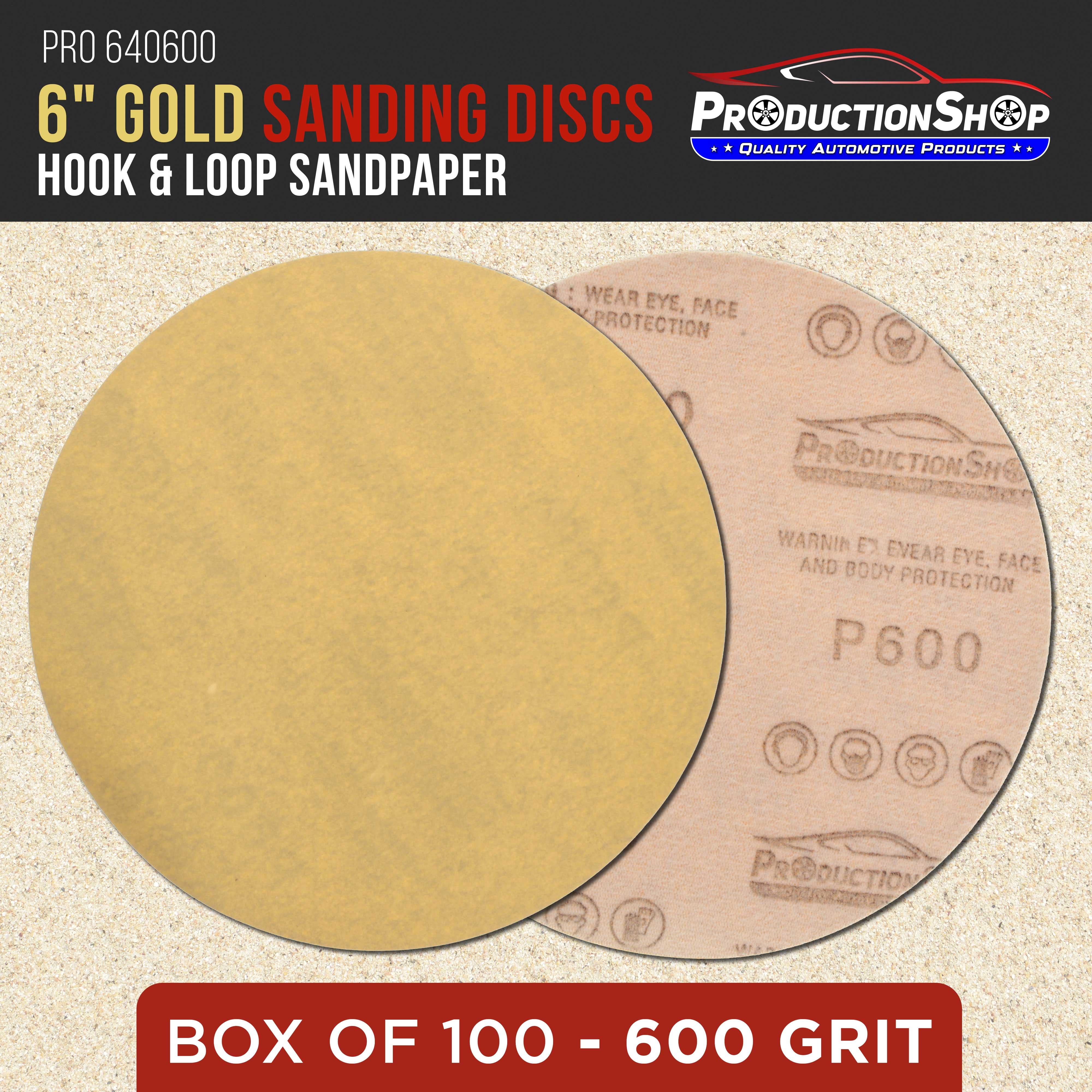 ProductionShop Premium 600 Grit 6" Gold Sanding Discs, Box of 100 - Hook & Loop Backing Abrasive Sandpaper for DA & Random Orbital Sanders - Sand Auto Paint, Metal, Wood, Woodworking Furniture