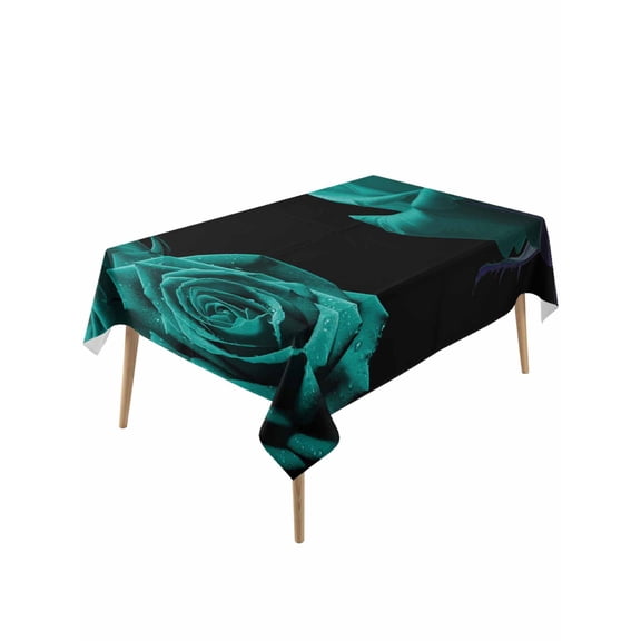 Teal Blue Rose Table Cloth, Vintage Abstract Garden Flower Floral Black Waterproof Tablecloth for Rectangle Tables, Reusable Washable Fabric Table Cover for Restaurant Kitchen Dining Tables 54"x108"