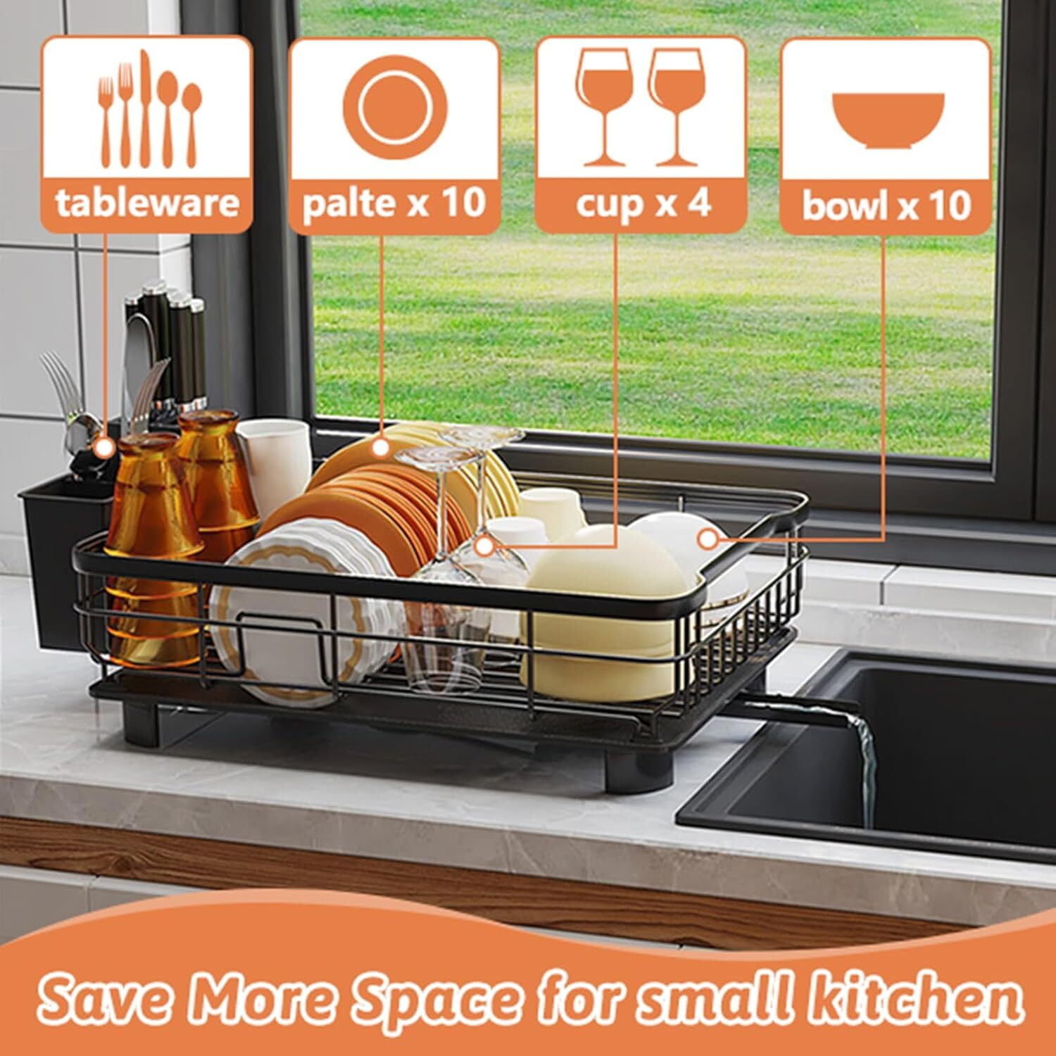 Asunby Stainless Steel Kitchen Drying Rack with Drainboard, Removable Utensil Holder and Drain Spout, Compact Counter & Sink Organizer, 12.9''W x 16.9''L