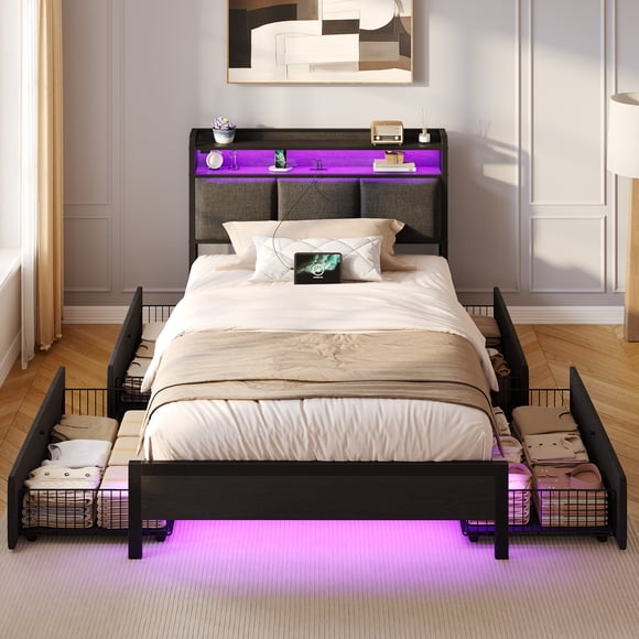 Greenstell Twin Size Bed Frame with Storage Headboard, LED Lights, Charging Station, 4 Drawers, Heavy-Duty Metal Platform Bed with USB & Type-C Ports,Dark Gray