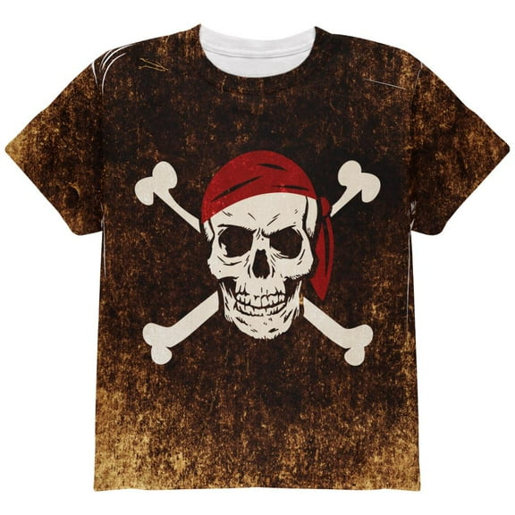Jolly Roger Pirate Flag Distressed Grunge All Over Youth T Shirt Multi YMD