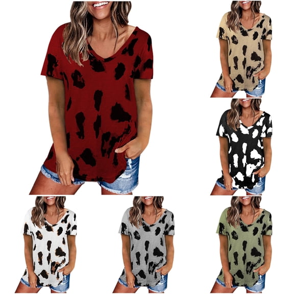HCYSFG Cheetah Print Tops For Women Leopard Print T Shirts V Neck Short Sleeve Curved Hem Loose Fit Pullover Everyday Wear Tees