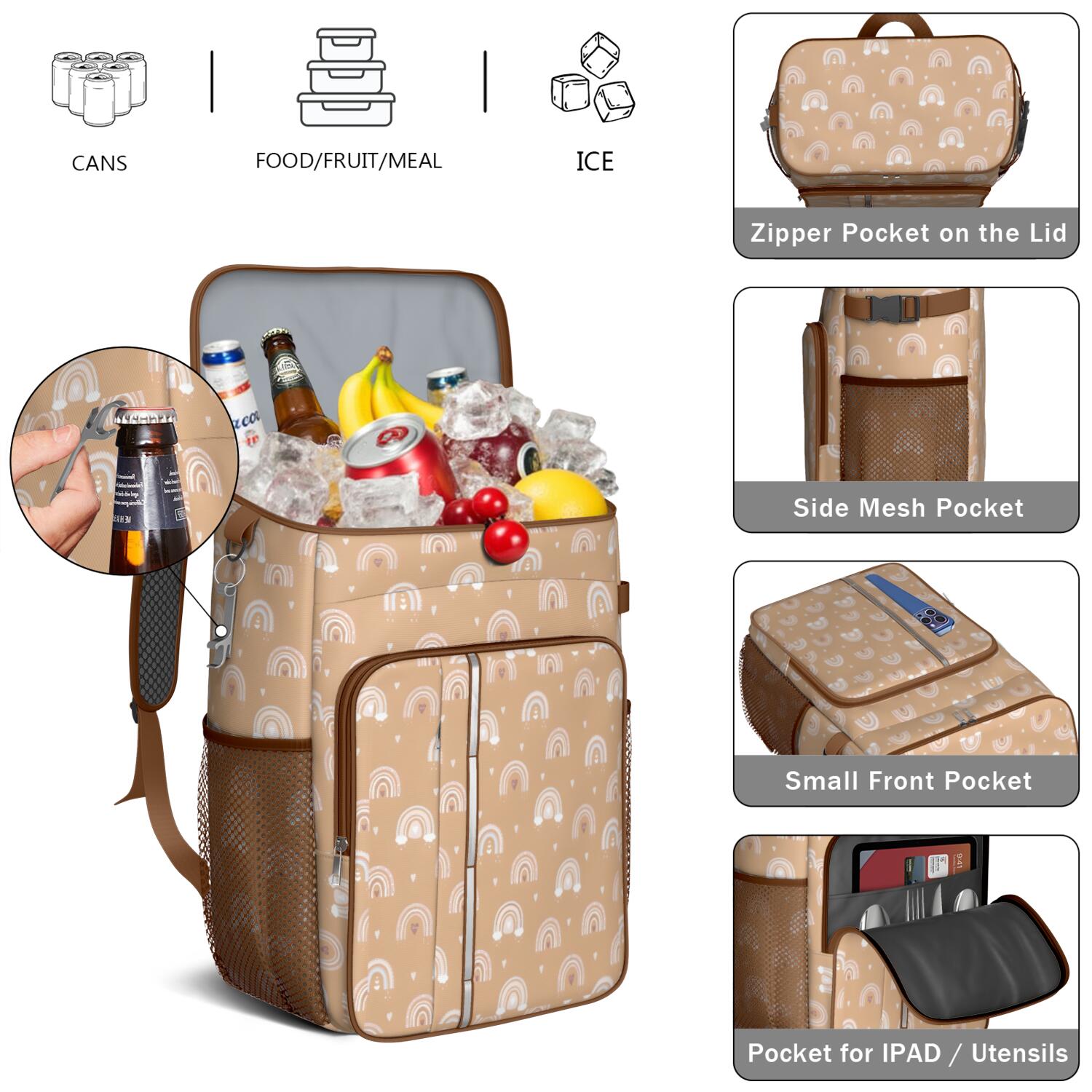 Travel Cooler Bag - Boho Bohemia Rainbow Camping Beer Cooler Backpack with Bottle Opener- Waterproof Insulated Picnic Backpacks - Cooler Bag for Beach