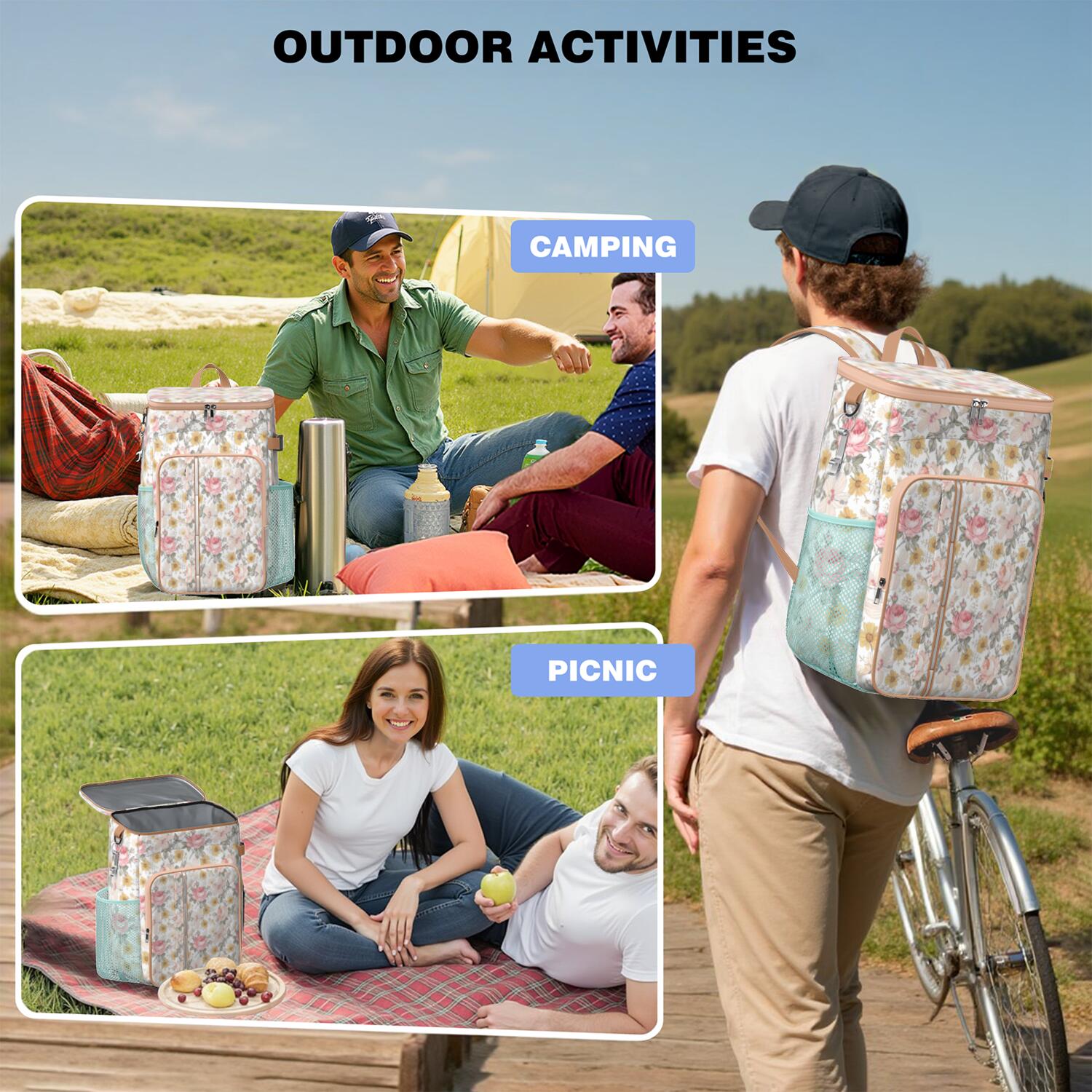 Travel Cooler Bag - Pioneer Flower Floral Print Pattern Camping Beer Cooler Backpack with Bottle Opener- Waterproof Insulated Picnic Backpacks - Cooler Bag for Beach