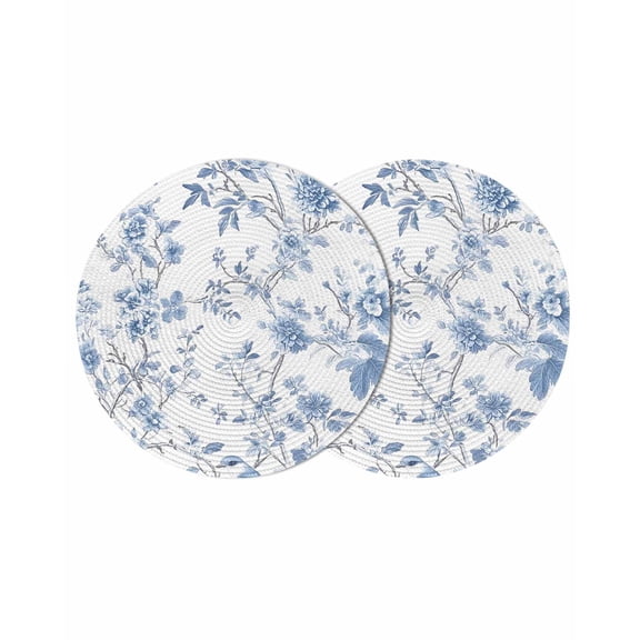 Blue White Spring Floral Round 15 Inch Placemats Set of 2, Summer Botanical Birds HeatResistant Non Slip Place Mats for Dining Table, Wipeable Braided Kitchen Table Mats for Housewarming