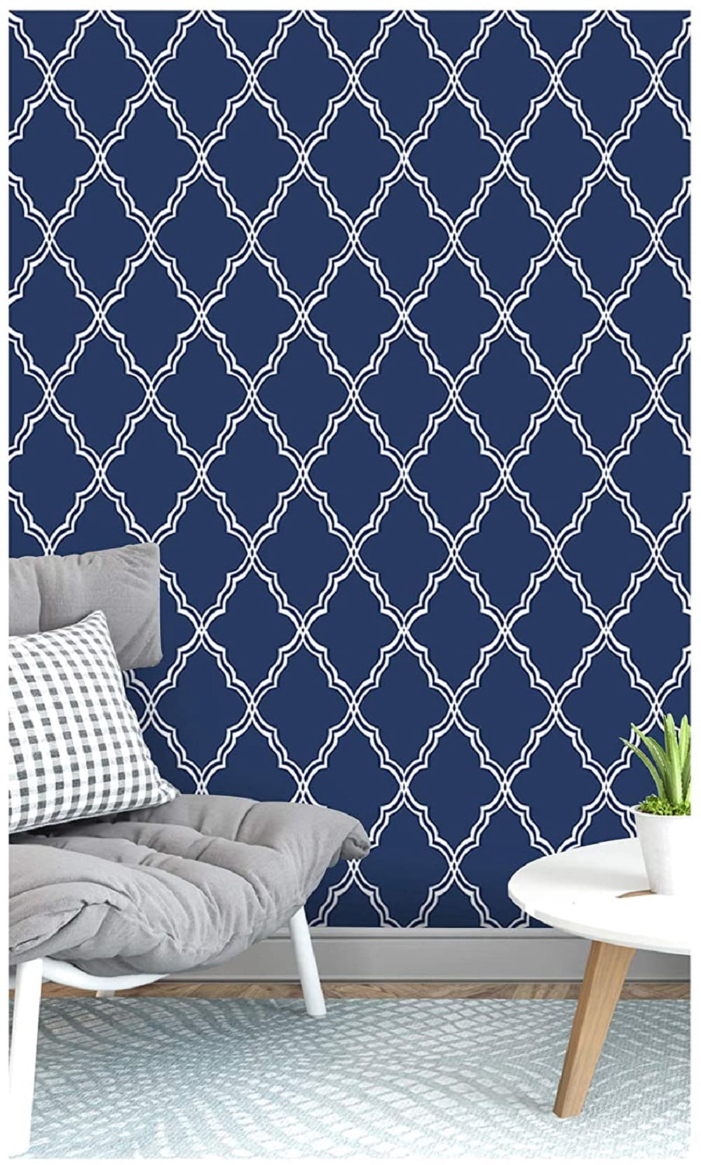 Geometric Peel and Stick Wallpaper Trellies Classical Removable Navy/White Mural Home Wall Decor 17.7in x 9.8ft