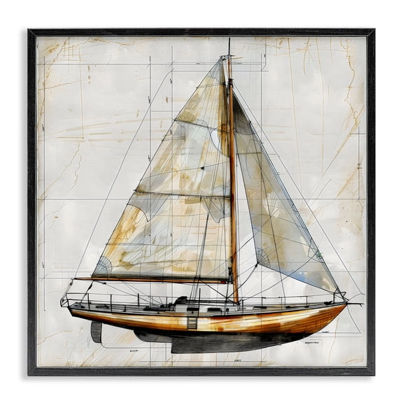 Stupell Industries Tropical Vintage Sailboat Drawing Blueprint Black Framed Giclee Art, 12 x 12, by Creative Studio