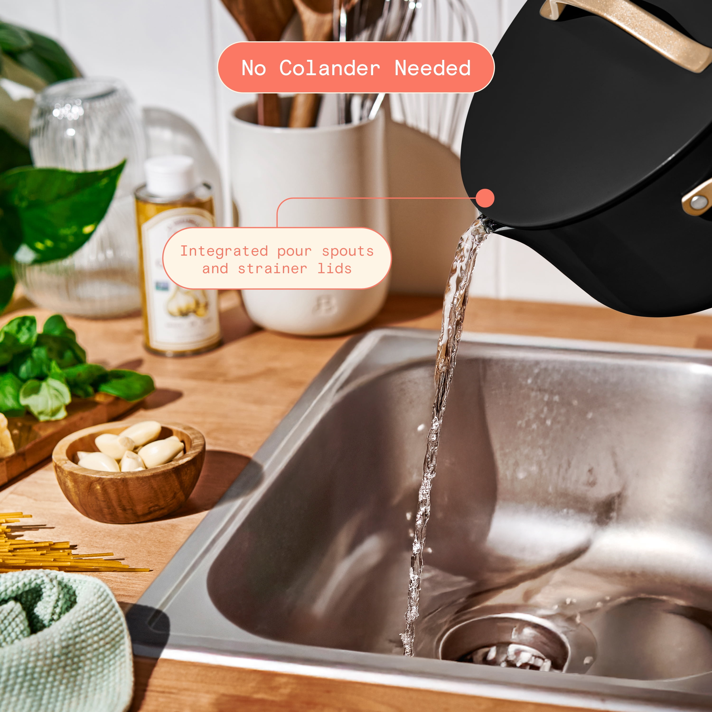 Beautiful 12-Piece Ceramic Nonstick Cookware Set, Pots and Pans with Strainer Lids, Black Sesame by Drew Barrymore