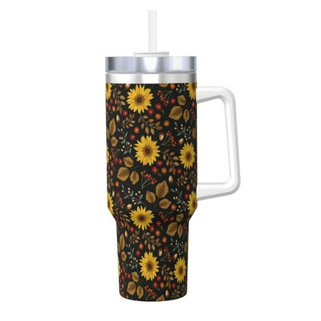 

Goofa Fall Daisy Leaf Print 40oz Ice Bully With Handle And Straw Stainless Steel Vacuum Insulated Cup And 2 In 1 Straw Lid