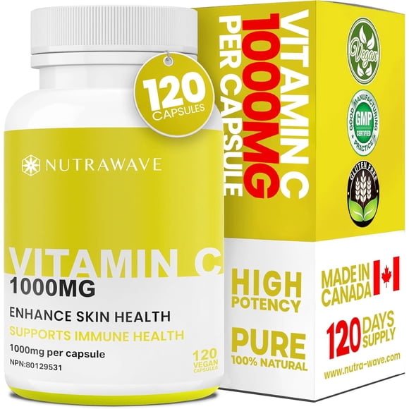 Nutrawave Vitamine C Extra Fort – Soutien Immunitaire et Antioxydant, Acide Ascorbique pour le Collagène, Santé de la Peau et des Os, 120 Capsules Véganes, non-OGM, Sans Gluten, Fabriqué au Canada