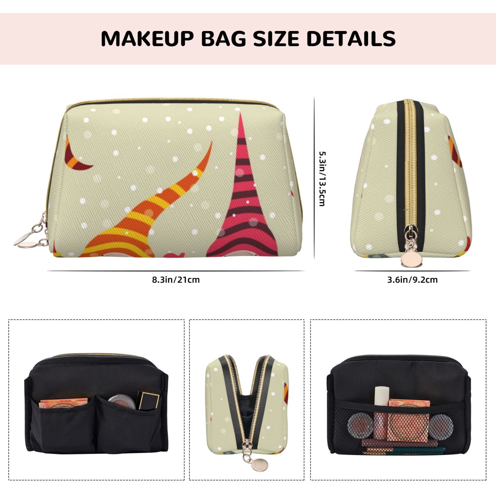 Picia Christmas Card With Gnomes Print Leather Makeup Bag Make Up Bag Travel Toiletry Bag for Her Girlfriend Teacher Teen Girl Gifts