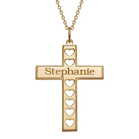 - Personalized Women's Sterling Silver or Gold over Silver Cross With Name And Cutout Hearts Necklace, 18+2